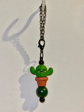 Green Smiley Cactus Cup Charm Featuring a Planter & a Green Iridescent Bead